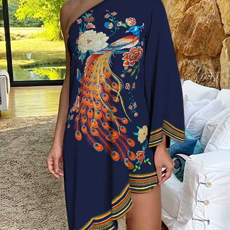 One Shoulder Figure Print Irregular Dress Navy Blue