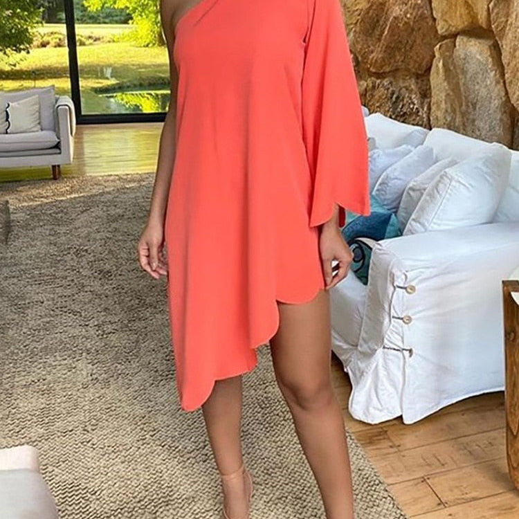One Shoulder Figure Print Irregular Dress Orange