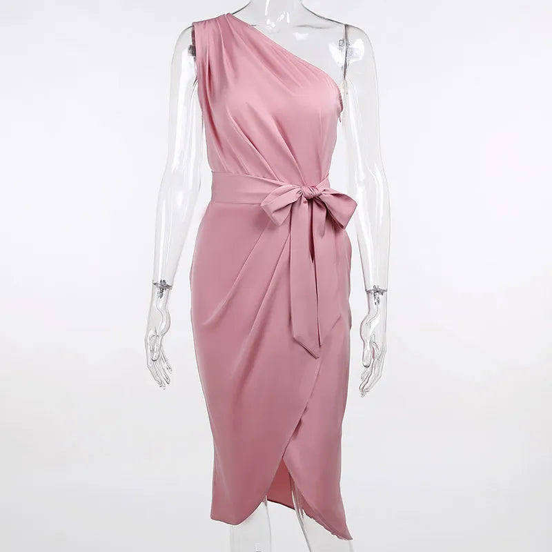 One Shoulder Ruched Design Party Dress Bodycon Slim Midi Dress Bandage Dress Retro Ruched Bodycon Dress Pink