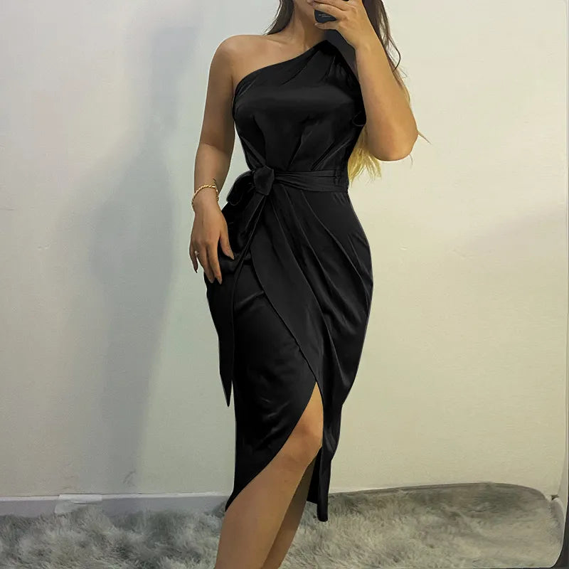 One Shoulder Ruched Design Party Dress Bodycon Slim Midi Dress Bandage Dress Retro Ruched Bodycon Dress black