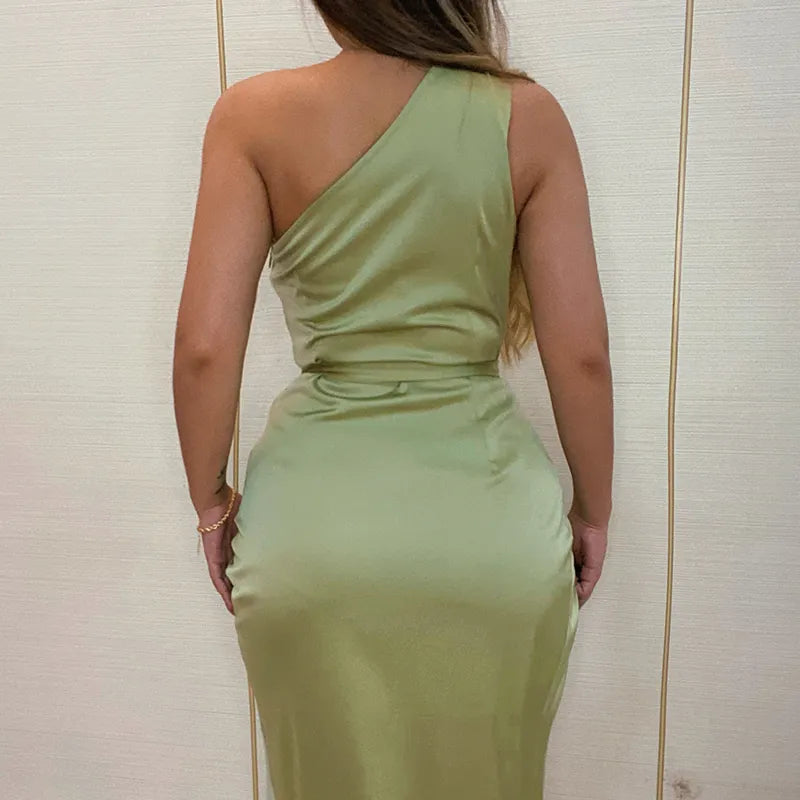 One Shoulder Ruched Design Party Dress Bodycon Slim Midi Dress Bandage Dress Retro Ruched Bodycon Dress