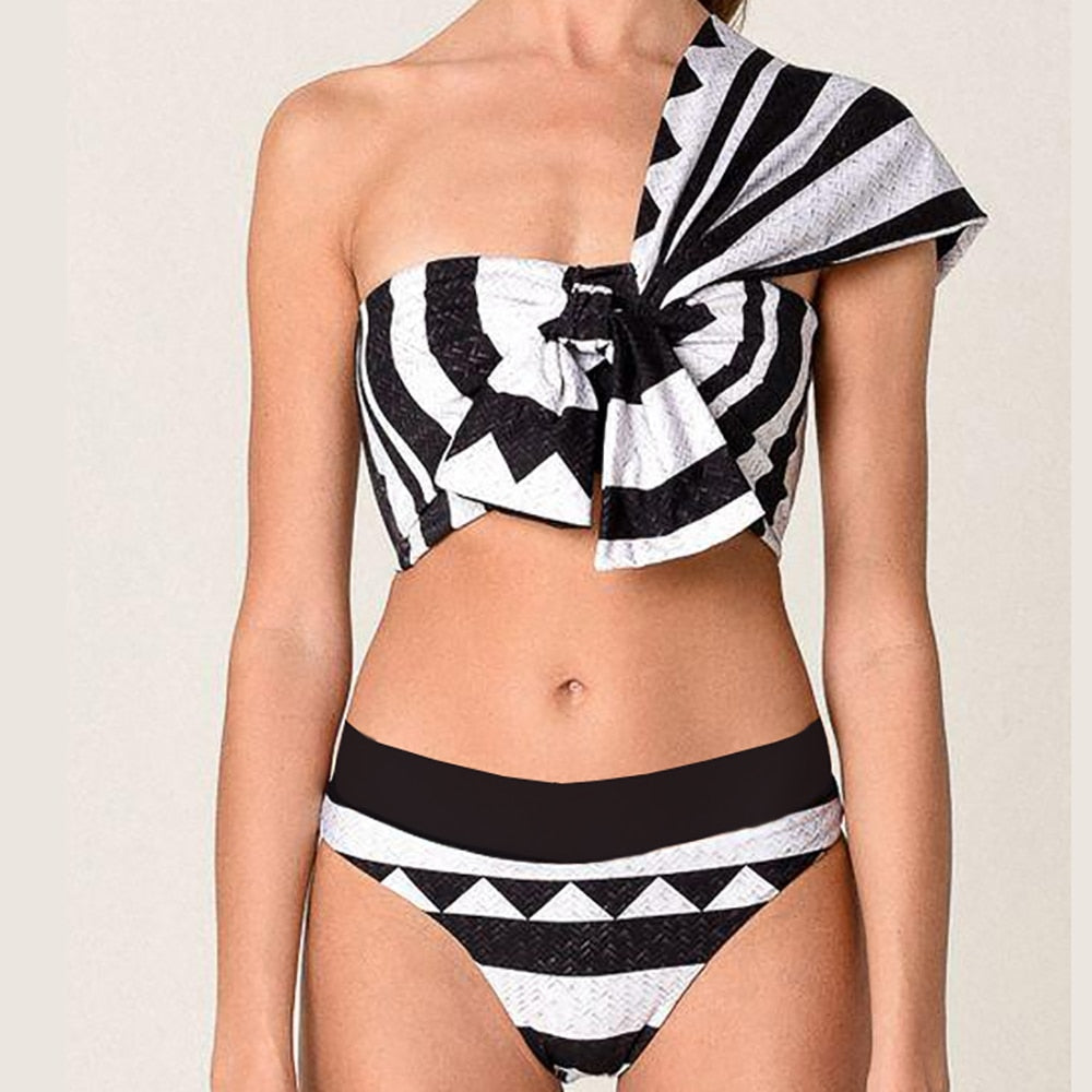 One Shoulder Striped Fashion Bikini Swimsuit Two Pieces Tankini Women&#39;s Suit Surf Wear Swimming Suits Swimwear Patchwork AMAIO