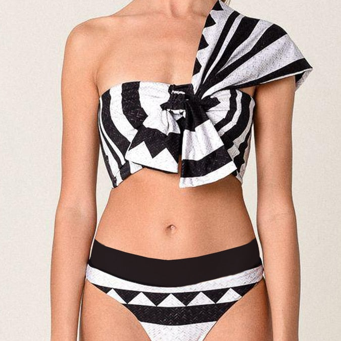 One Shoulder Striped Fashion Bikini Swimsuit Two Pieces Tankini Women&#39;s Suit Surf Wear Swimming Suits Swimwear Patchwork AMAIO
