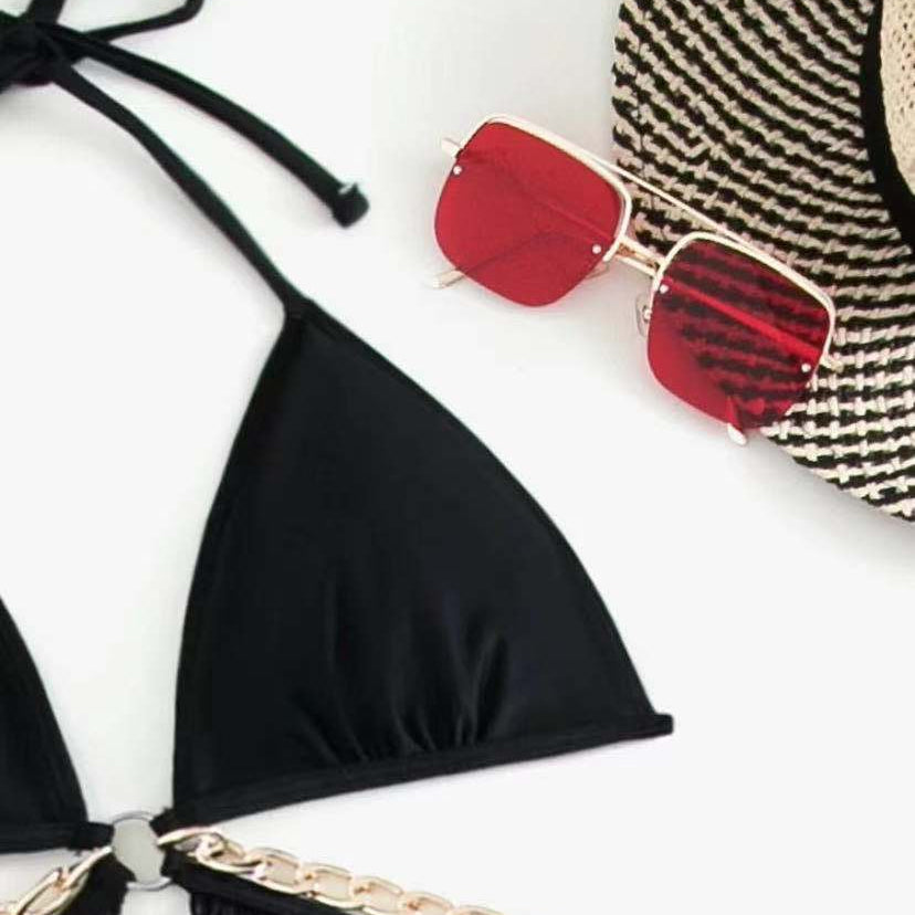 One Size Black Solid Slim Fit Triangle One-Piece Swimsuit