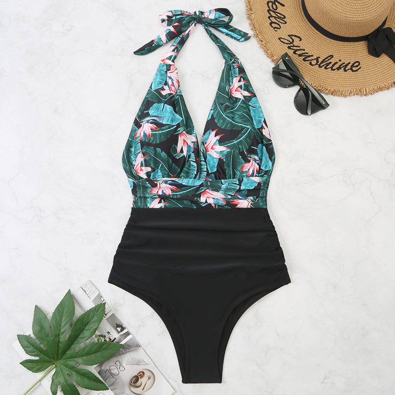 One-piece Halter Matching Belly Bikini Women Black flower