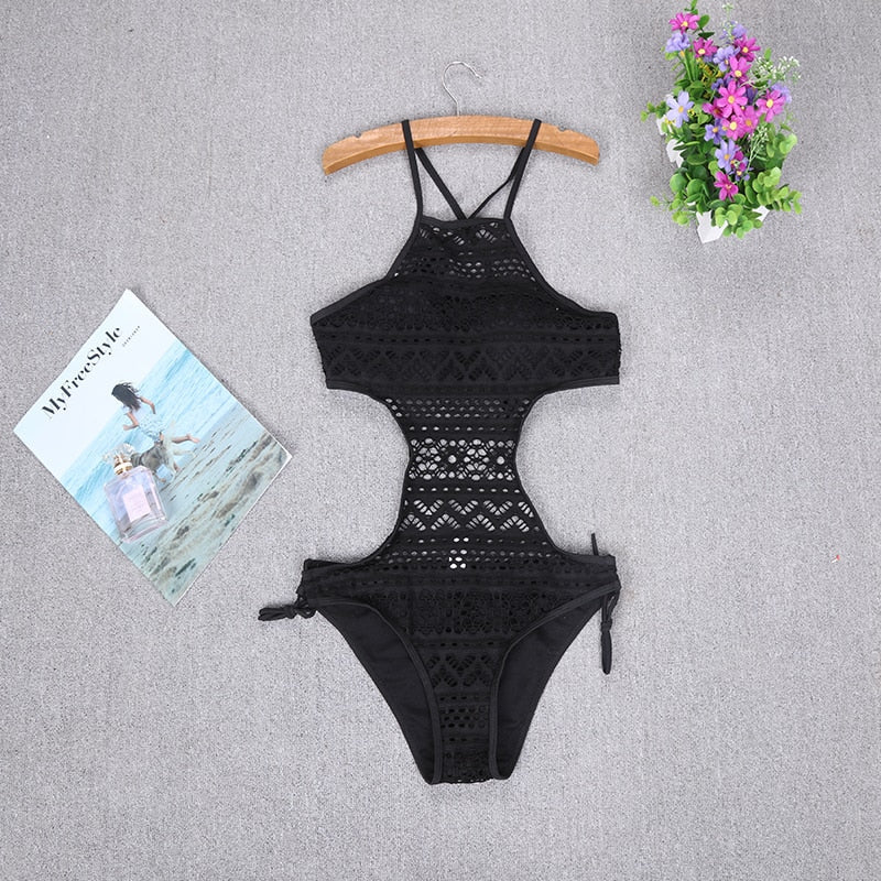 One-piece Sexy Hollow Out Lace Swimsuit Ladies Floral Monokini Swimwear Push-Up Bikini Bathing Suit Bodysuit Clothes Black