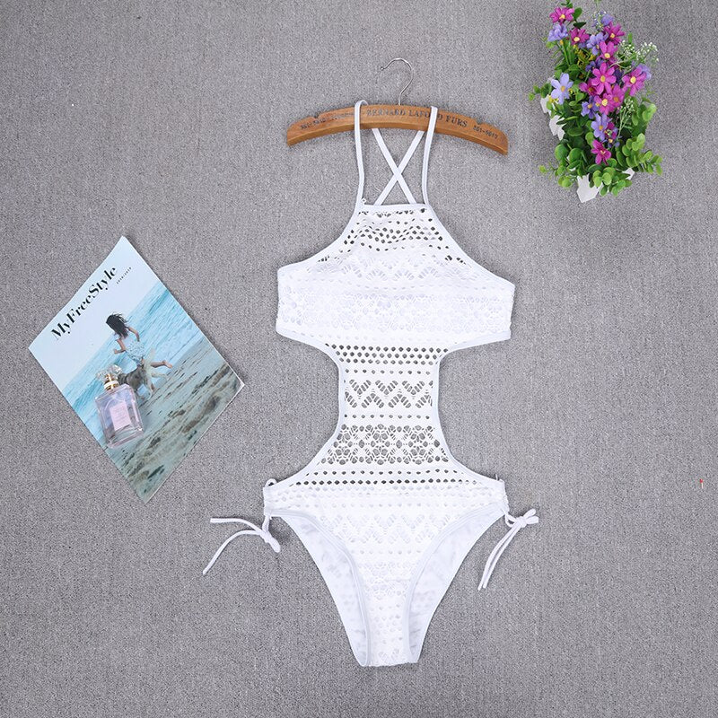One-piece Sexy Hollow Out Lace Swimsuit Ladies Floral Monokini Swimwear Push-Up Bikini Bathing Suit Bodysuit Clothes White