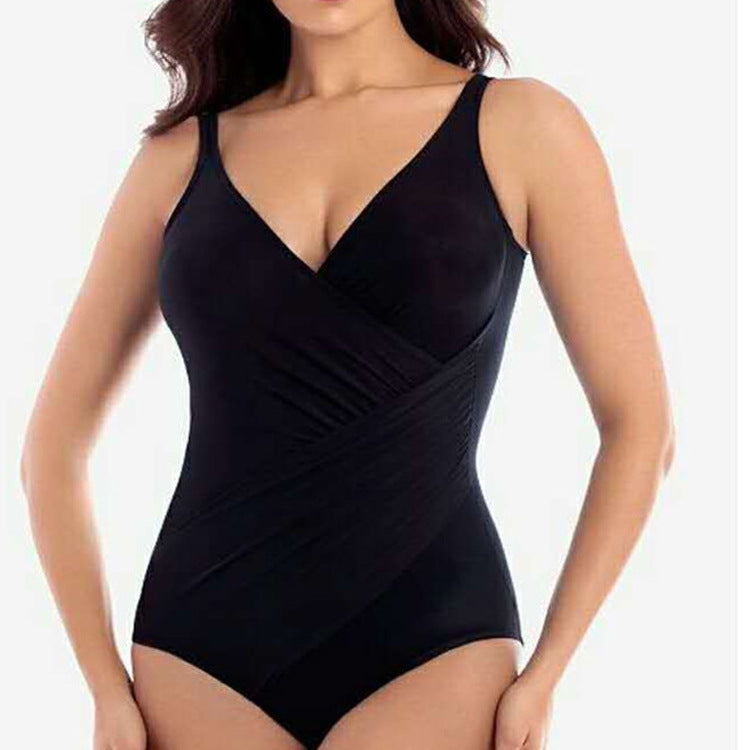 One-piece Slimming Solid Color Fashion Swimsuit Black