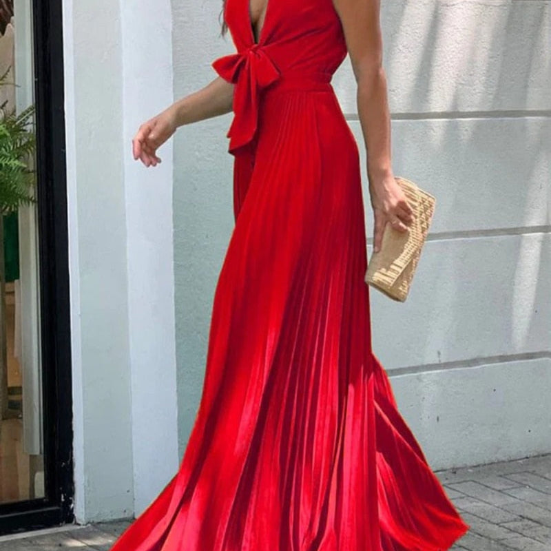 Onecozyday Stylish Sleeveless Lace-Up Pleated Deep V-Neck Sexy Jumpsuits 2024 Summer Vacation Party Prom Jump Suits For Women