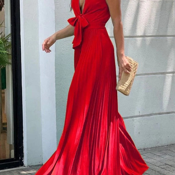 Onecozyday Stylish Sleeveless Lace-Up Pleated Deep V-Neck Sexy Jumpsuits 2024 Summer Vacation Party Prom Jump Suits For Women Sleeveless 3