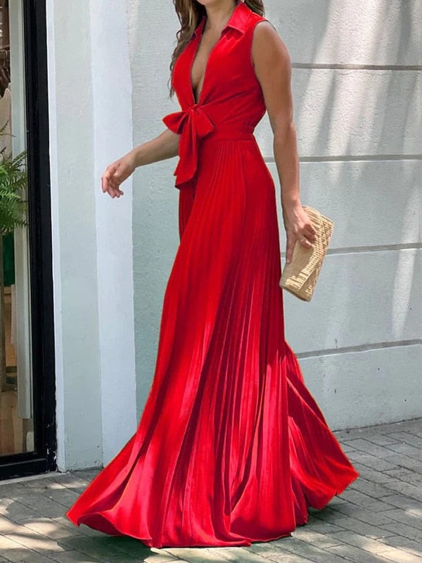 Onecozyday Stylish Sleeveless Lace-Up Pleated Deep V-Neck Sexy Jumpsuits 2024 Summer Vacation Party Prom Jump Suits For Women Sleeveless 3