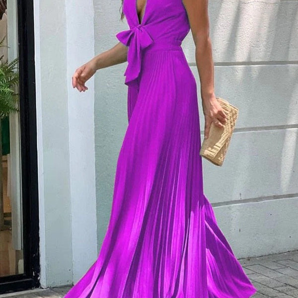 Onecozyday Stylish Sleeveless Lace-Up Pleated Deep V-Neck Sexy Jumpsuits 2024 Summer Vacation Party Prom Jump Suits For Women Sleeveless 1