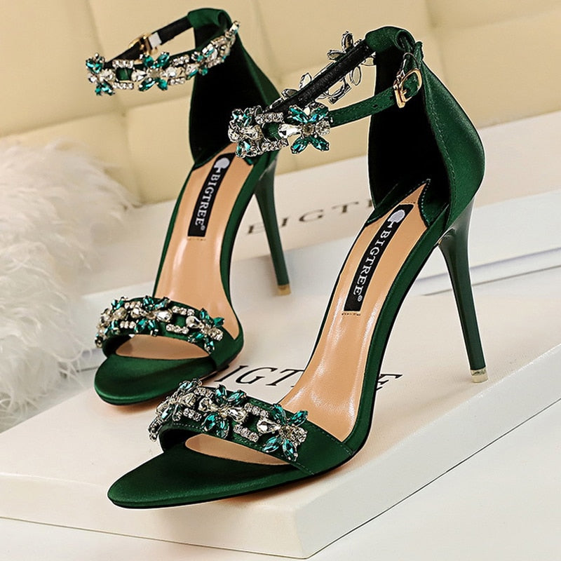 Open Toe Rhinestones Sandals Women 2024 - Sexy High Heels Sandals Female Shoes Summer Heeled Sandals green