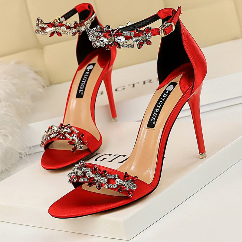 Open Toe Rhinestones Sandals Women 2024 - Sexy High Heels Sandals Female Shoes Summer Heeled Sandals red