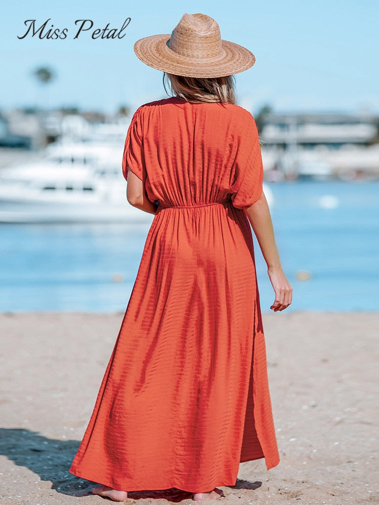 Orange Surplice Ruched Maxi Dress Sexy Elasticized Waist Short Sleeve Long A-line