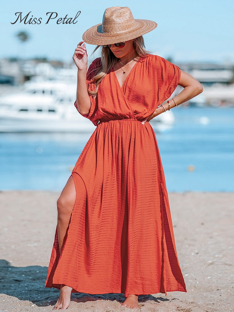 Orange Surplice Ruched Maxi Dress Sexy Elasticized Waist Short Sleeve Long A-line