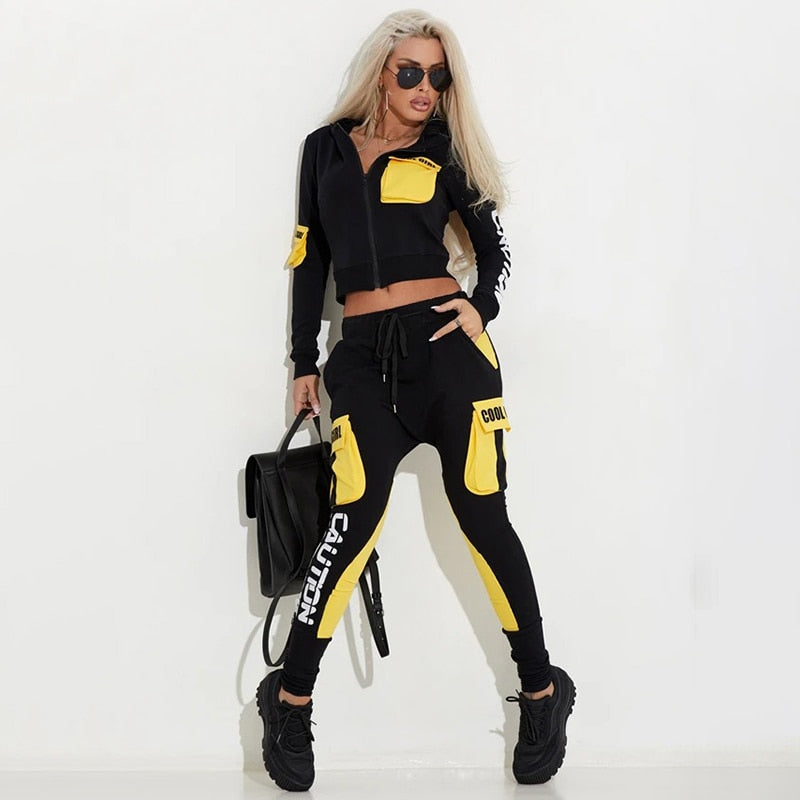Oshoplive Patchwork Pockets Zipper Jackets&Pants Stylish Suits Casual Drawstring Sweatpants Letter Print Sports Suit For Women