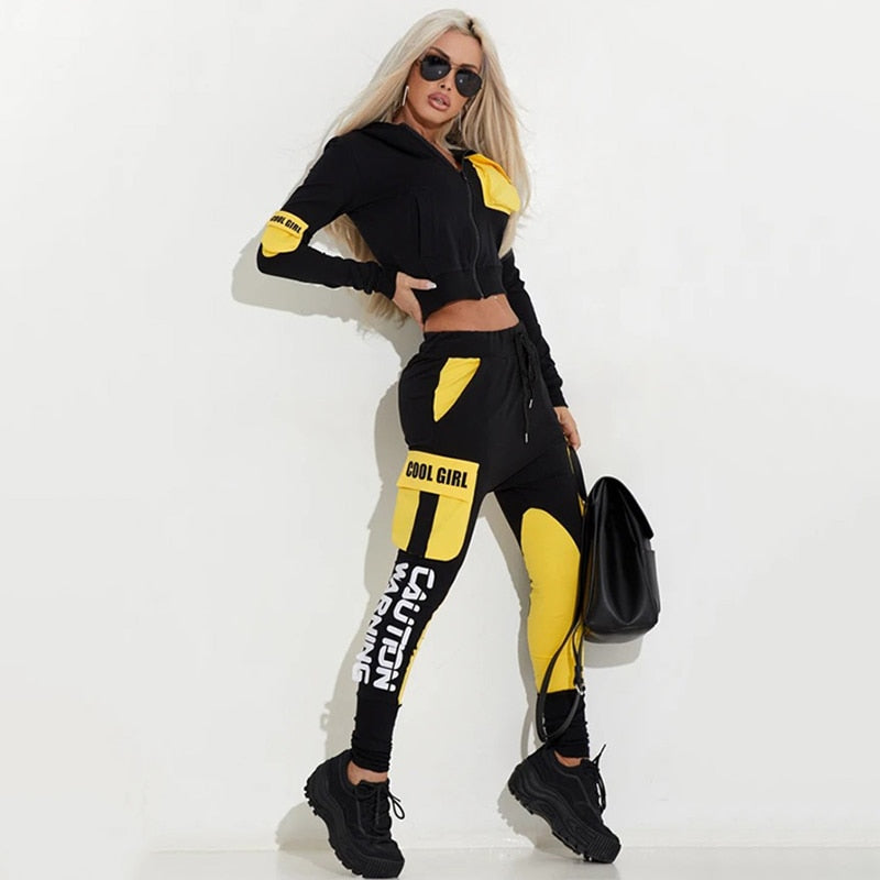 Oshoplive Patchwork Pockets Zipper Jackets&Pants Stylish Suits Casual Drawstring Sweatpants Letter Print Sports Suit For Women