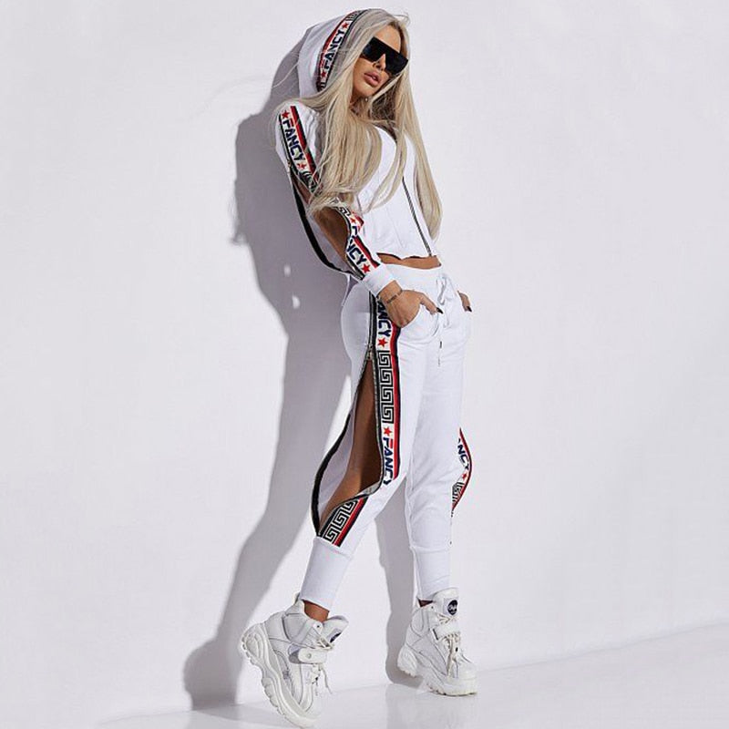 Oshoplive Split-Side Hooded Jackets&Pants Suits Casual Letter Print 2 Piece Set Women Zipper Gym Set Women Leisure Sportswear WHITE