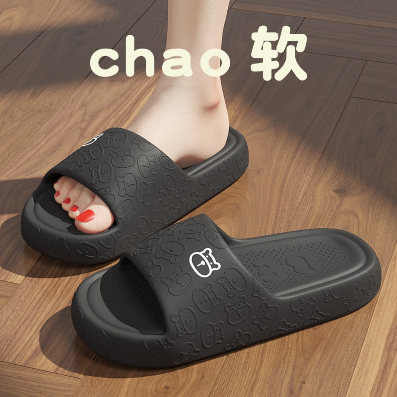 Outdoors Summer Women Men Flat Thick Platform Slippers Non-Slip Cartoon Home Bath Sandals Beach Slides Couples Ladies Shoes black