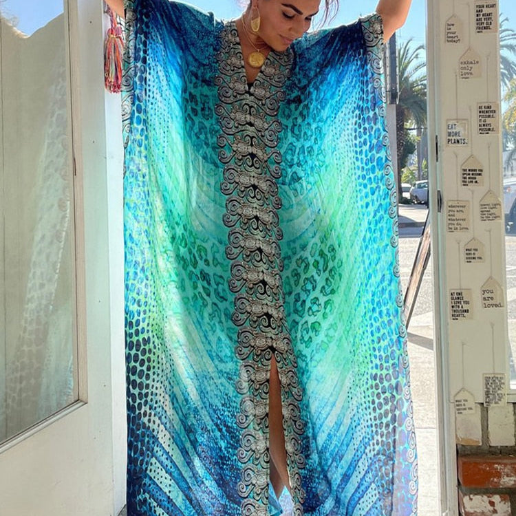 Over Size Bohemian Dress Women Summer Beachwear Robe Plage 2024 Swimsuit Cover Up Tunic For Beach Pareos Long Maxi Dress Sarong As Photo One Size