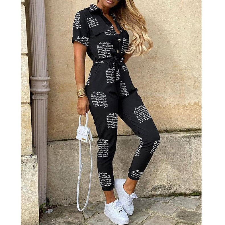 Overalls for Women New Casual Lapel Lace-up Print Belt Work Jumpsuit Women One Pieces Bodysuit Women Chic and Elegant Jumpsuits White