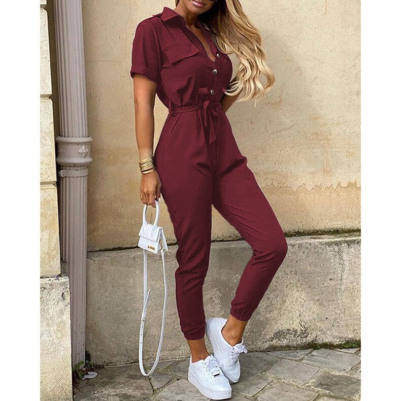 Overalls for Women New Casual Lapel Lace-up Print Belt Work Jumpsuit Women One Pieces Bodysuit Women Chic and Elegant Jumpsuits Claret