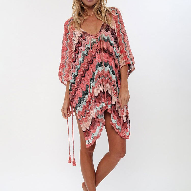 Oversize Crochet Beach Dress Cover up Sarong Kaftan Beach Tunic Plage Bathing suit cover ups Pareo Beach Bikini Cover up Q828-RED-776 One Size