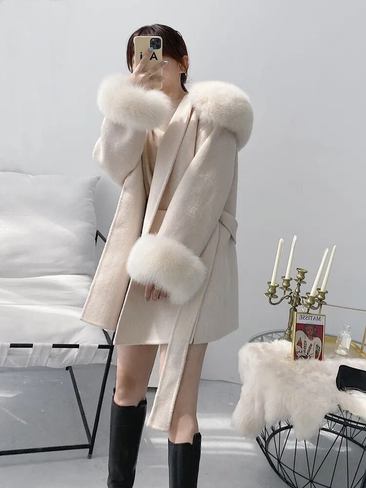 Oversize Ladies Outerwear 2022 Real Fur Coat Winter Jacket Women Natural Fox Fur Collar Cuffs Hood Cashmere Wool Woolen 5