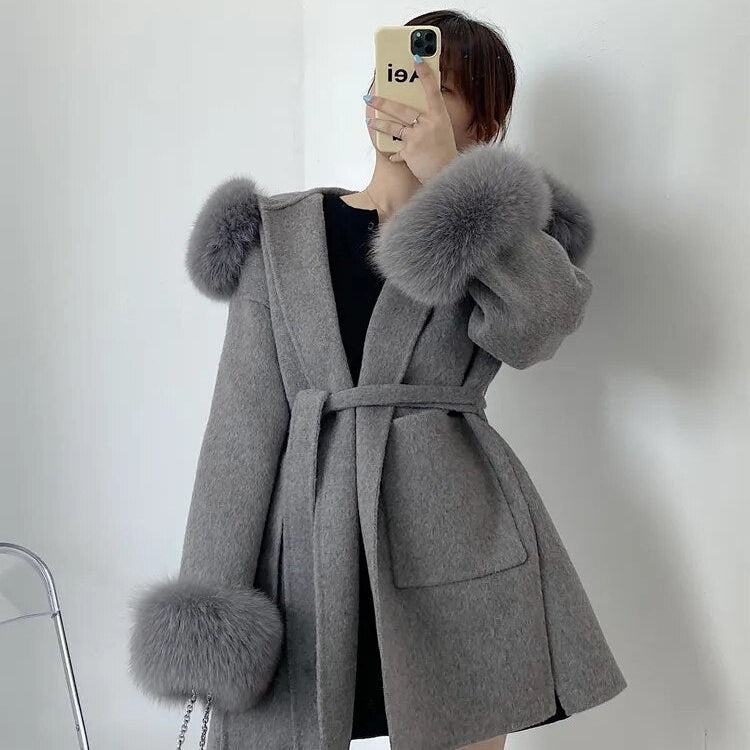 Oversize Ladies Outerwear 2022 Real Fur Coat Winter Jacket Women Natural Fox Fur Collar Cuffs Hood Cashmere Wool Woolen
