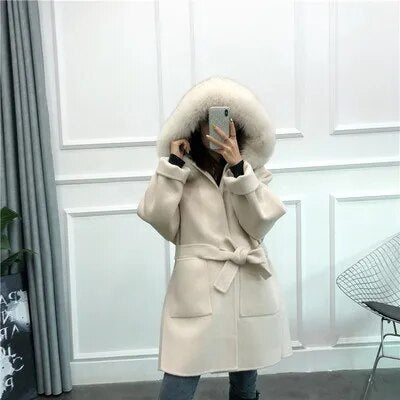 Oversize Ladies Outerwear 2022 Real Fur Coat Winter Jacket Women Natural Fox Fur Collar Cuffs Hood Cashmere Wool Woolen 10