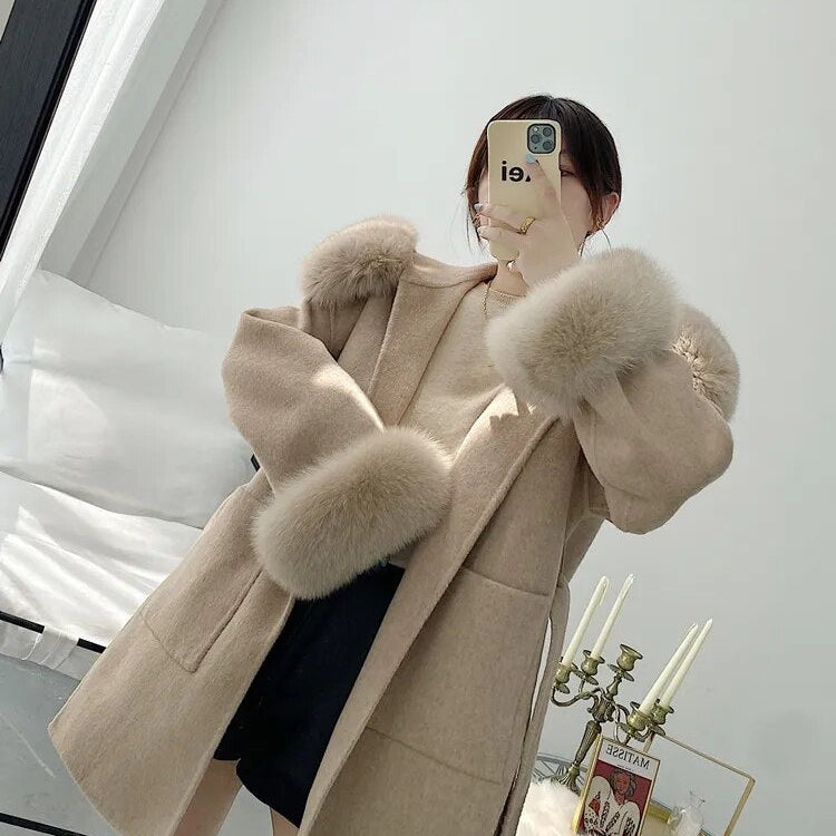 Oversize Ladies Outerwear 2022 Real Fur Coat Winter Jacket Women Natural Fox Fur Collar Cuffs Hood Cashmere Wool Woolen 2