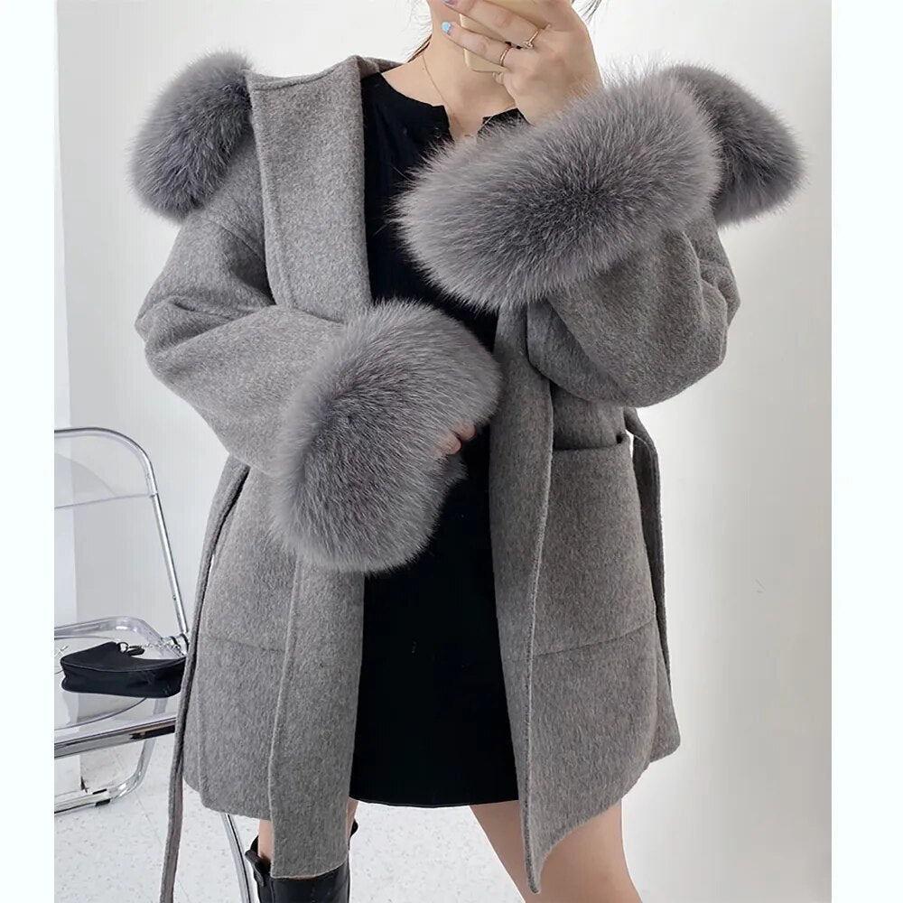 Oversize Ladies Outerwear 2022 Real Fur Coat Winter Jacket Women Natural Fox Fur Collar Cuffs Hood Cashmere Wool Woolen AMAIO