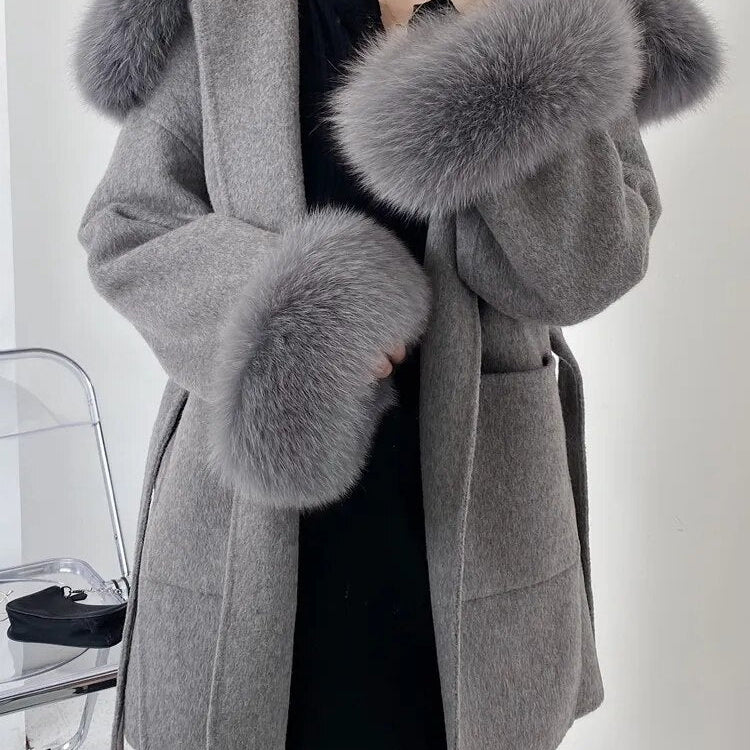 Oversize Ladies Outerwear 2022 Real Fur Coat Winter Jacket Women Natural Fox Fur Collar Cuffs Hood Cashmere Wool Woolen