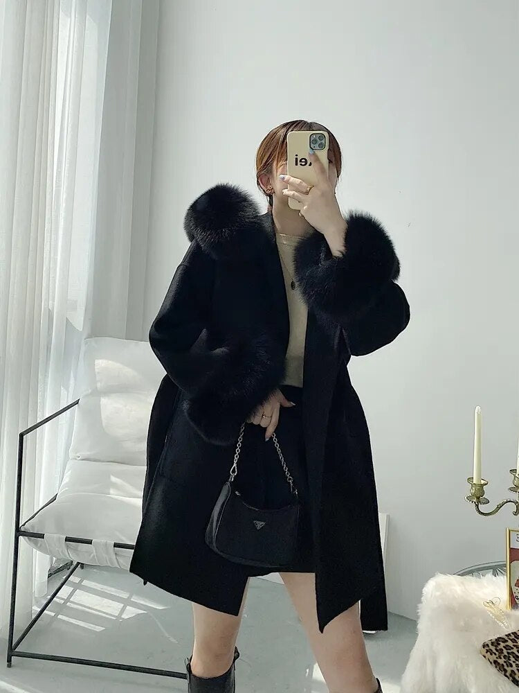 Oversize Ladies Outerwear 2022 Real Fur Coat Winter Jacket Women Natural Fox Fur Collar Cuffs Hood Cashmere Wool Woolen