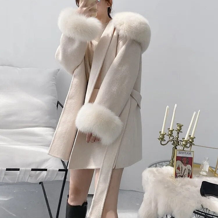 Oversize Ladies Outerwear 2022 Real Fur Coat Winter Jacket Women Natural Fox Fur Collar Cuffs Hood Cashmere Wool Woolen