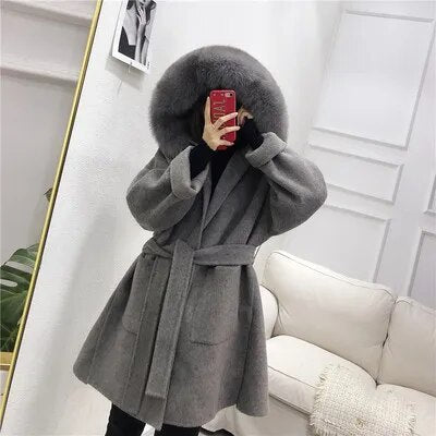 Oversize Ladies Outerwear 2022 Real Fur Coat Winter Jacket Women Natural Fox Fur Collar Cuffs Hood Cashmere Wool Woolen 8
