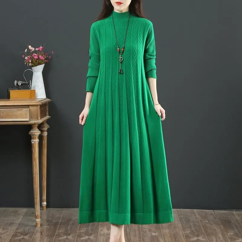 Oversize Women Long Dress For Autumn Winter Vertical Grain Wave Half High Collar Pullover Slim Bottom Sweater Lady Dresses green