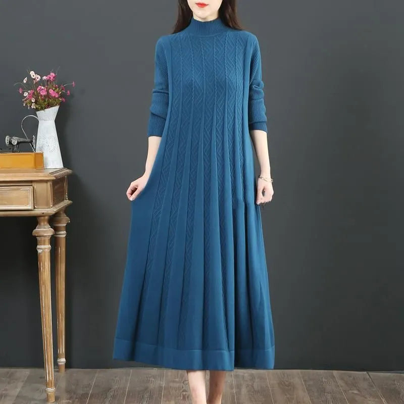 Oversize Women Long Dress For Autumn Winter Vertical Grain Wave Half High Collar Pullover Slim Bottom Sweater Lady Dresses blue