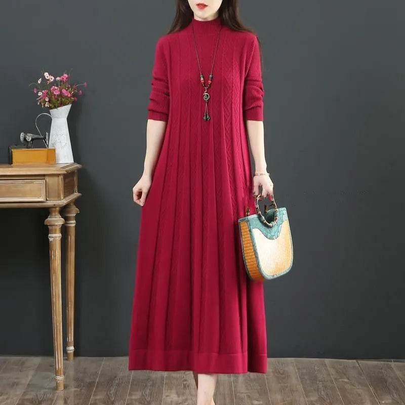 Oversize Women Long Dress For Autumn Winter Vertical Grain Wave Half High Collar Pullover Slim Bottom Sweater Lady Dresses red