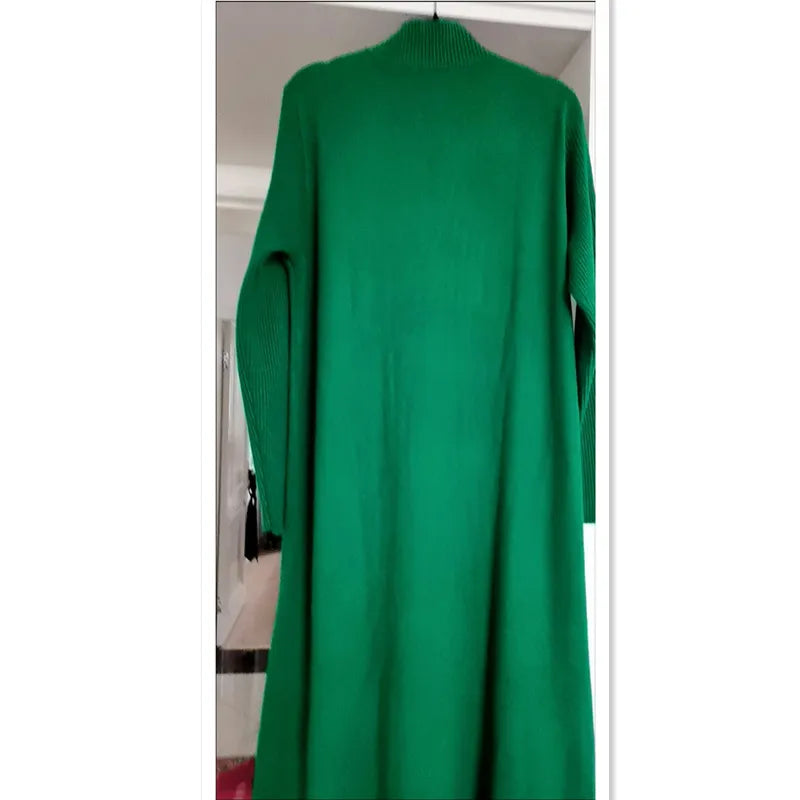 Oversize Women Long Dress For Autumn Winter Vertical Grain Wave Half High Collar Pullover Slim Bottom Sweater Lady Dresses