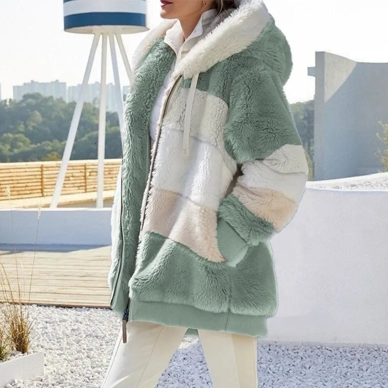 Oversized Jacket for Women Autumn Winter Warm Plush Pocket Hooded Streetwear Loose Lady Outerwear Coat Roupas Feminina green