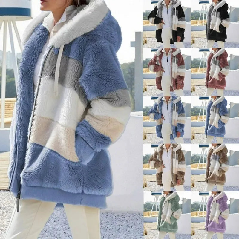 Oversized Jacket for Women Autumn Winter Warm Plush Pocket Hooded Streetwear Loose Lady Outerwear Coat Roupas Feminina