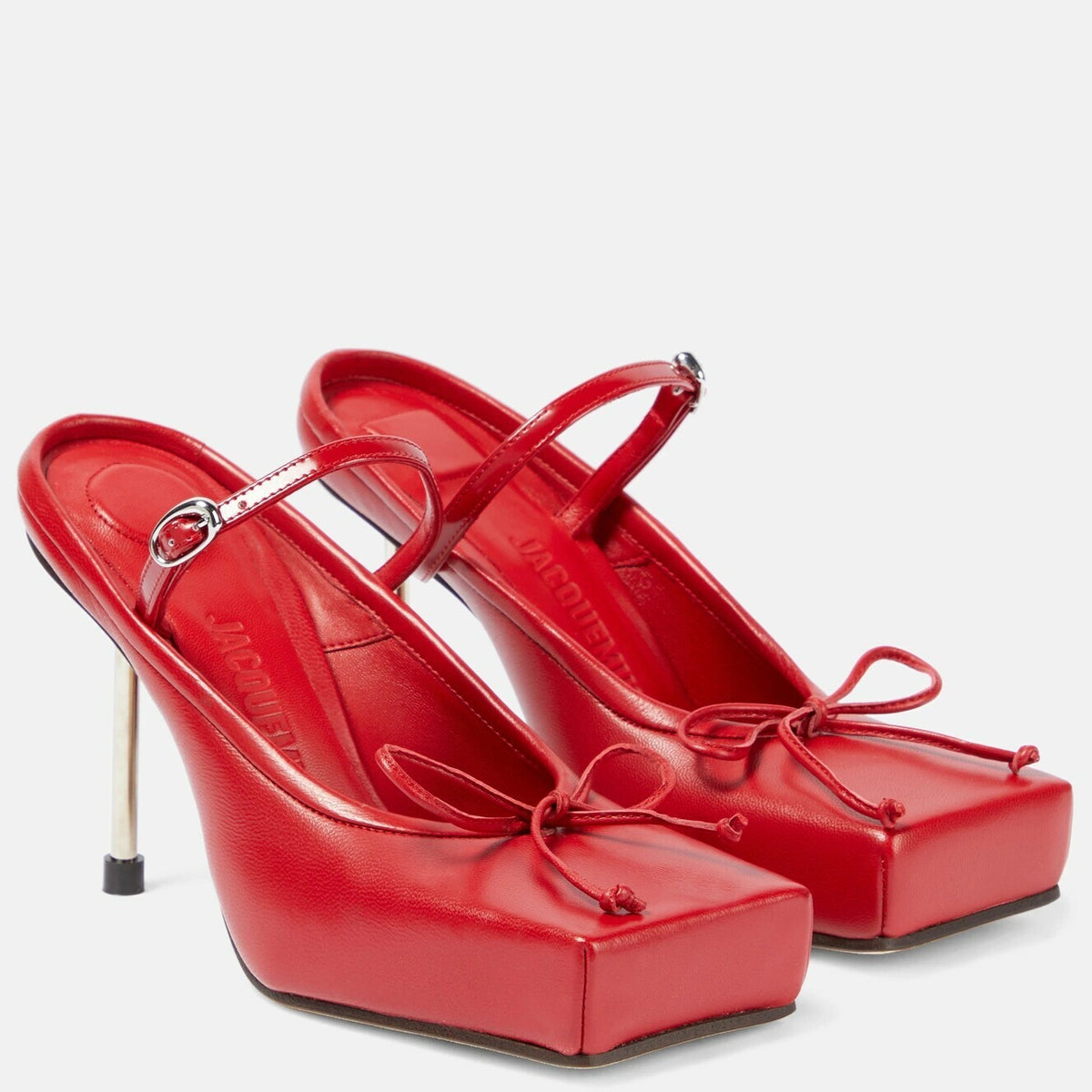 Butterfly-Knot Metal Heeled Sandals Red Square Toe Solid Color Mules Summer Pull On Slip On Slides Black Luxury Ladies Shoes