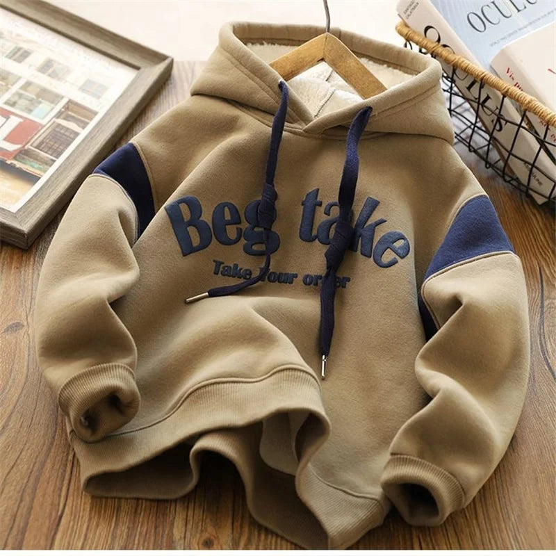 Padded Thick Sweatshirt Coat Winter Big Kids Clothes Warm Hoodie Baby Boys Girls Letter Print Hooded Pullover Casual Tops 4-12Y Khaki