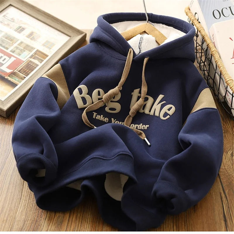 Padded Thick Sweatshirt Coat Winter Big Kids Clothes Warm Hoodie Baby Boys Girls Letter Print Hooded Pullover Casual Tops 4-12Y Navy