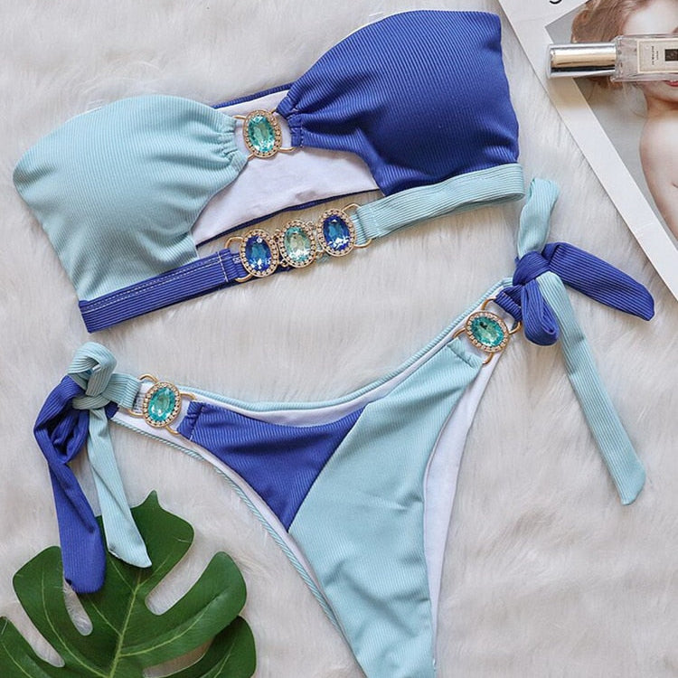 Para Praia Cameo Push Up Bikini Set Female Bandeau Swimsuit Sky Blue