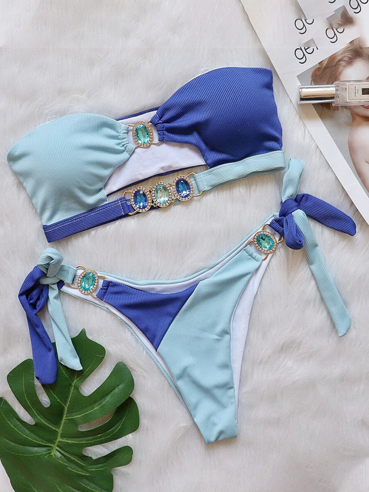 Para Praia Cameo Push Up Bikini Set Female Bandeau Swimsuit Sky Blue