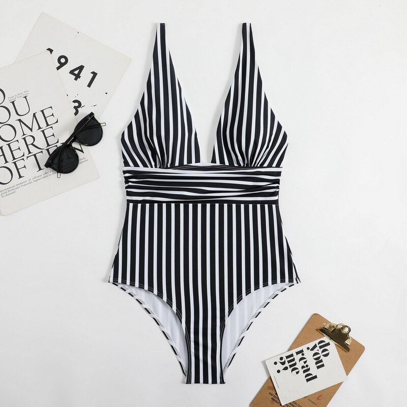 Para Praia Stripe One Piece Swimsuit - Sexy Bathing Suit Backless Bandage High Cut Monokini