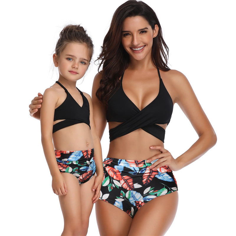 Parent-child Swimsuit Printed High Waist Bikini Flounced Mother And Daughter Swimsuit AMAIO